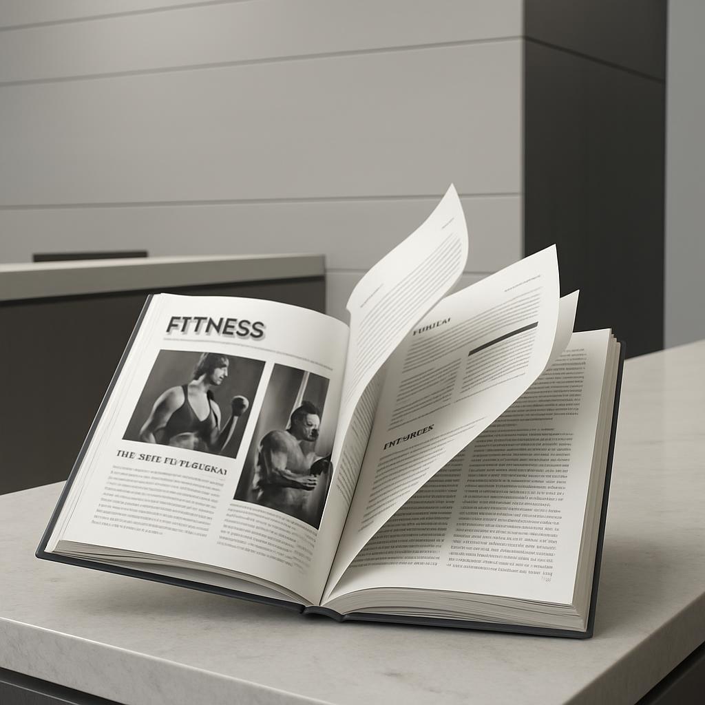 A book open to a page titled "Fitness" in a contemporary kitchen setting, with a muscular man and woman in sports attire p...
