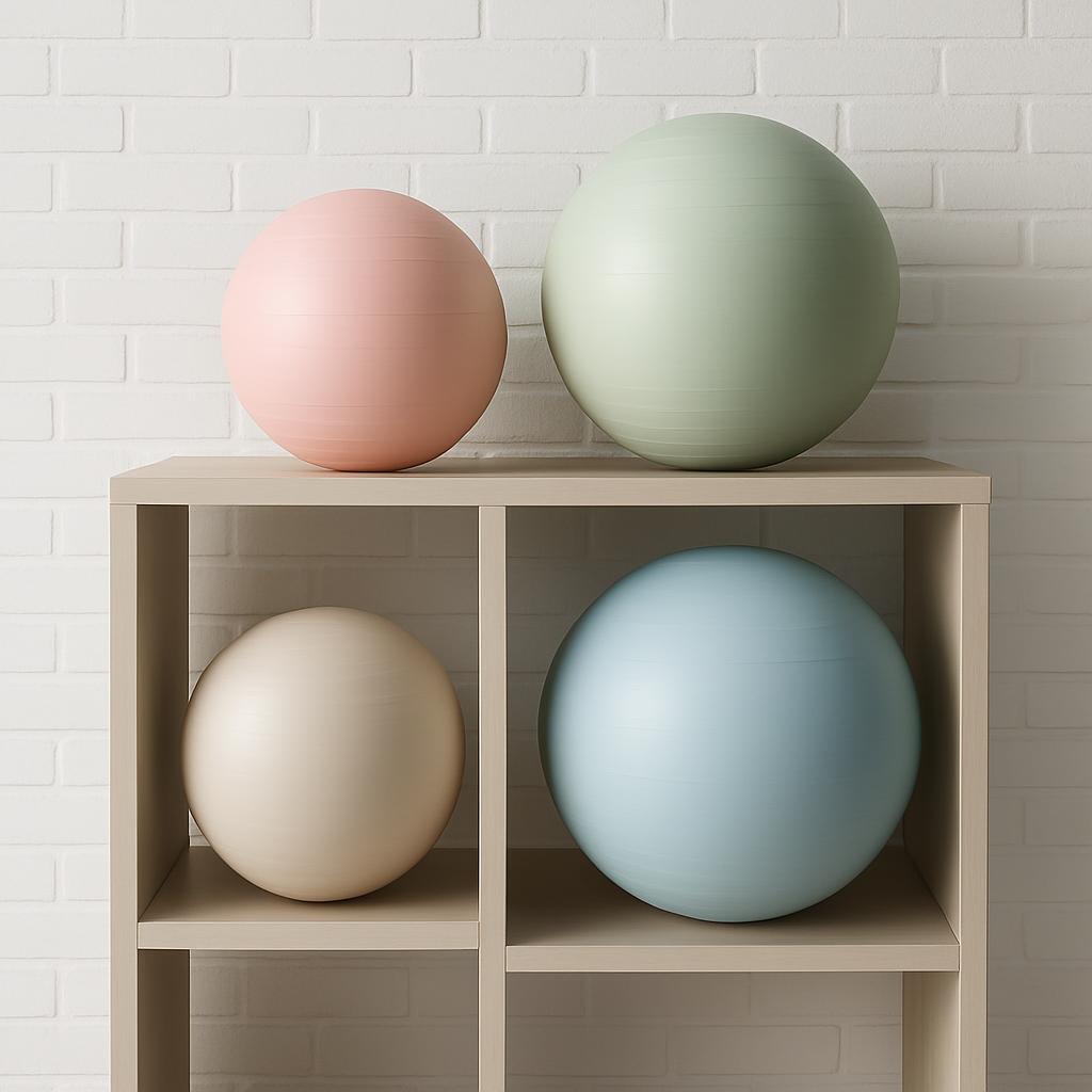 A shelf with four round, rubber objects that are likely exercise balls, sitting on it and behind it, in different colors.
