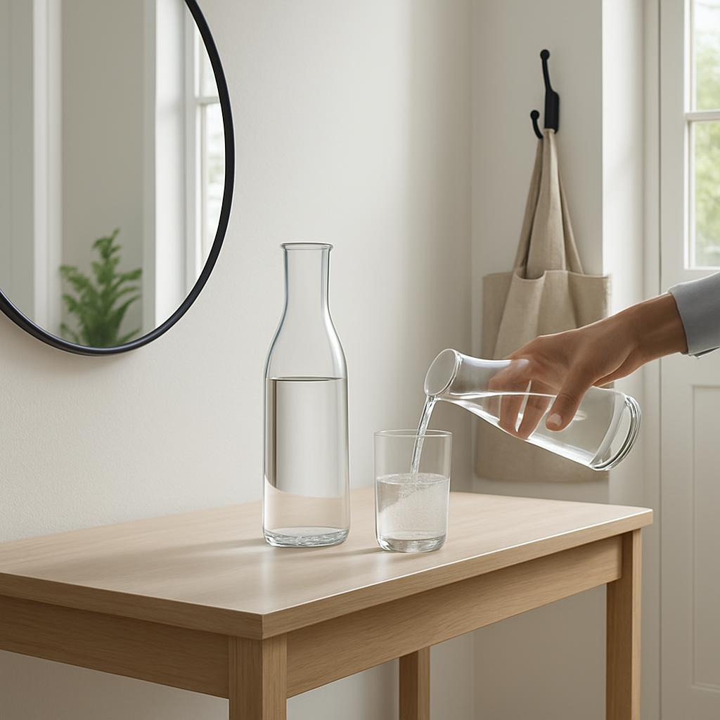 The person pouring water from a glass jug into a clear glass, next to another glass carafe full of water, sits on a light-...